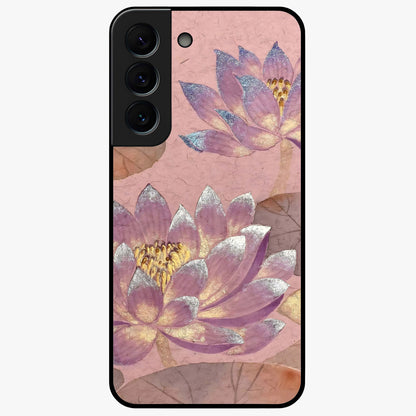 Blossom Mist Lotus Glass Case showing flat back view with serene lotus blossom artwork and glossy glass finish.