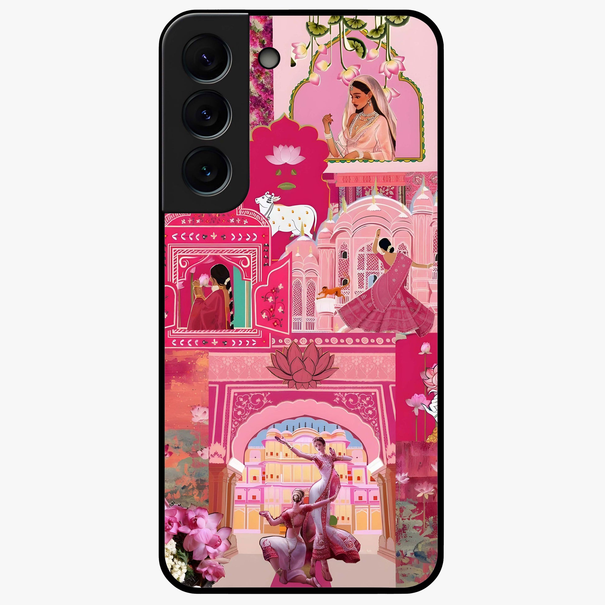 Blossoms of Rajasthan Glass Case showing flat back view with traditional floral artwork inspired by Rajasthan and glossy glass finish.