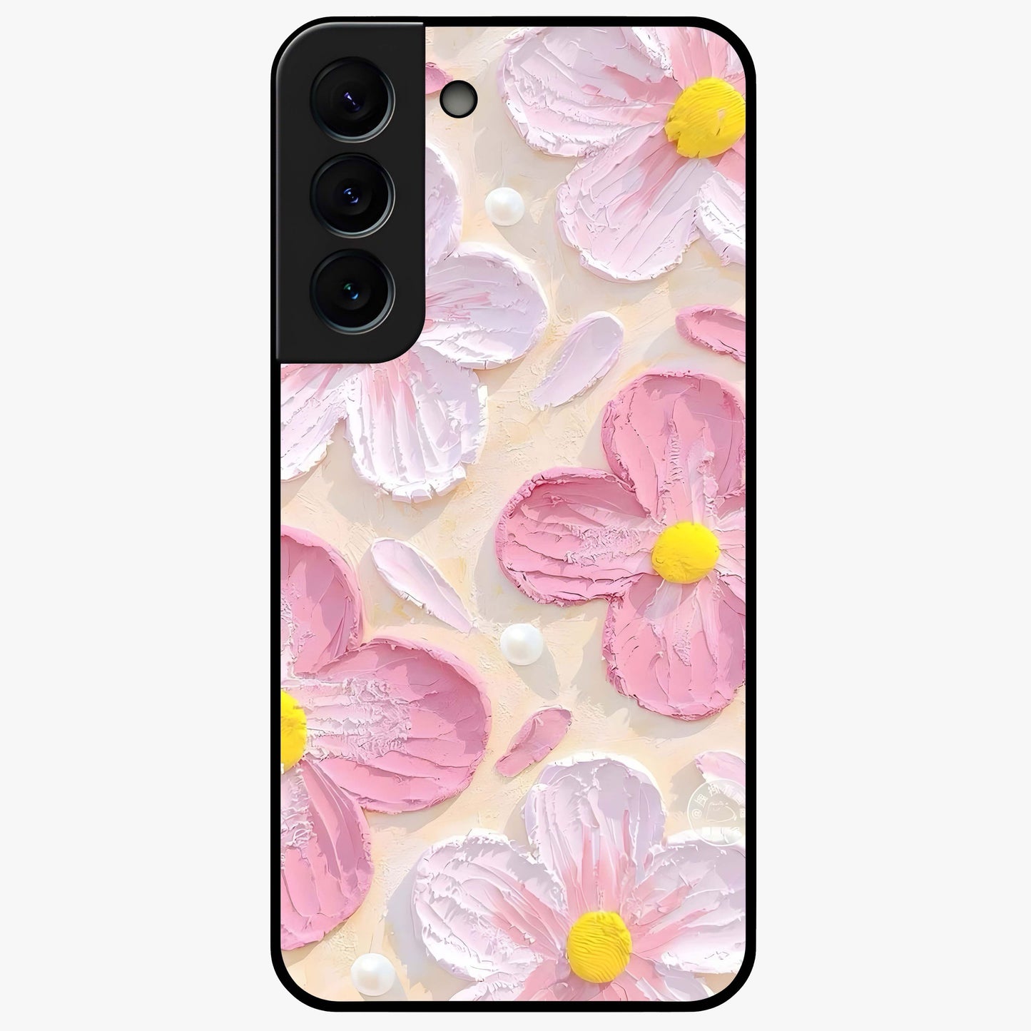 Blush Bloom Texture Glass Case showing flat back view with soft blush floral texture artwork and glossy glass finish.