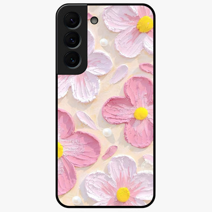 Blush Bloom Texture Glass Case showing flat back view with soft blush floral texture artwork and glossy glass finish.