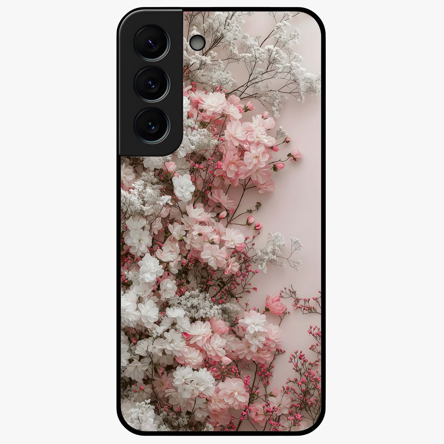 Blush Blossom Cloud Glass Case showing flat back view with dreamy blush cloud blossom artwork and glossy glass finish.