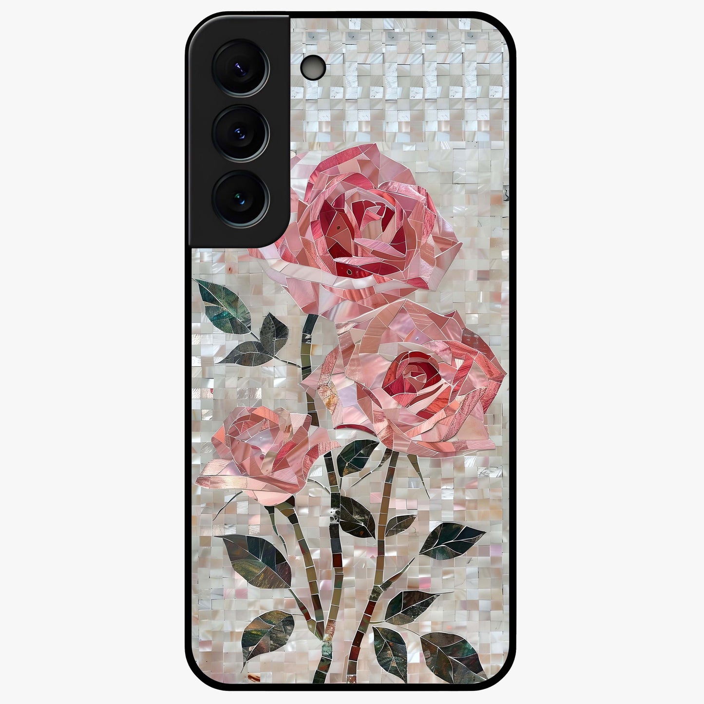 Blush Mosaic Bloom Glass Case showing flat back view with mosaic floral bloom artwork and glossy glass finish.