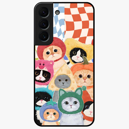 Cats in Fruits Glass Case showing flat back view with playful cat illustrations inside fruit artwork and glossy glass finish.