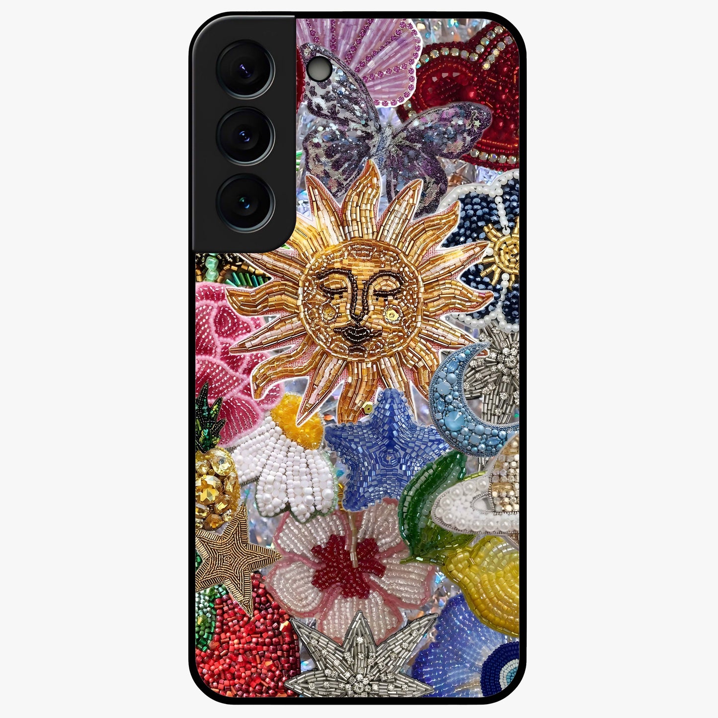 Celestial Floral and Playful Glass Case showing flat back view with floral and celestial themed artwork and glossy glass finish.