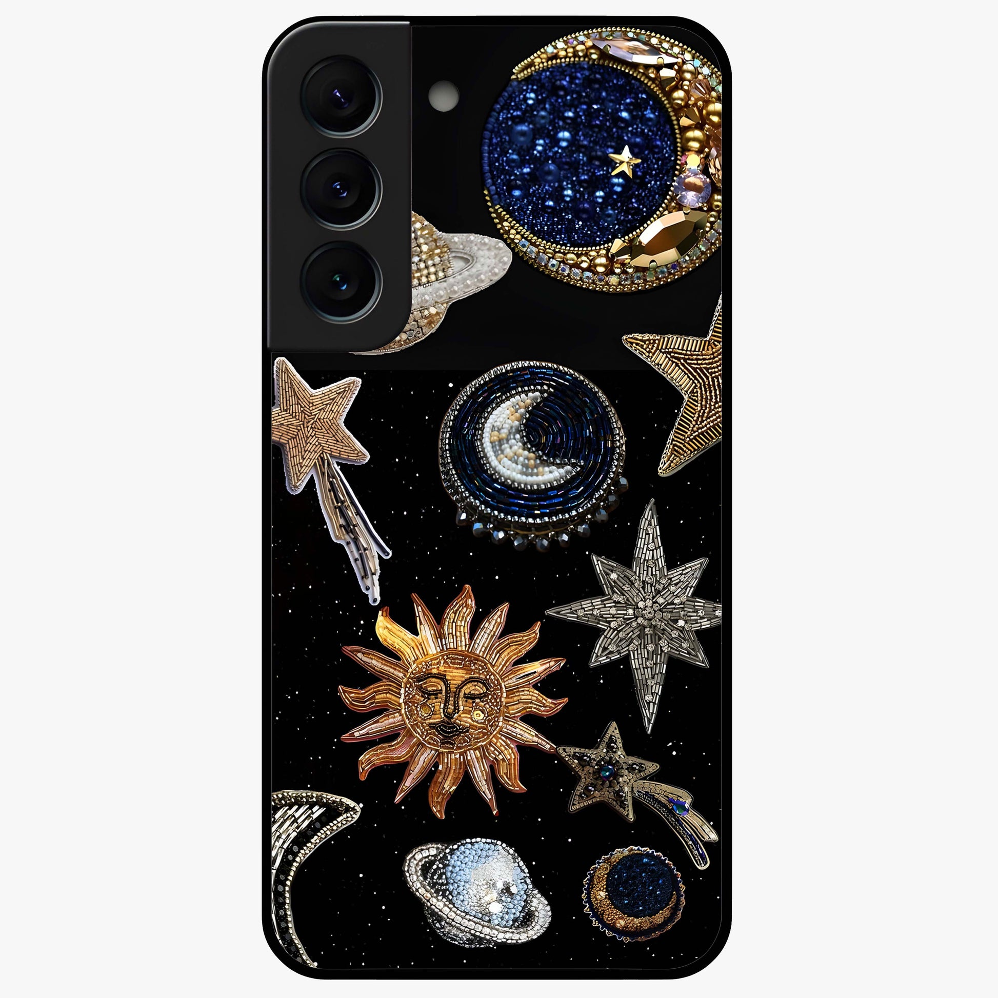 Celestial Gem Constellations Glass Case showing flat back view with sparkling constellation artwork and glossy glass finish.