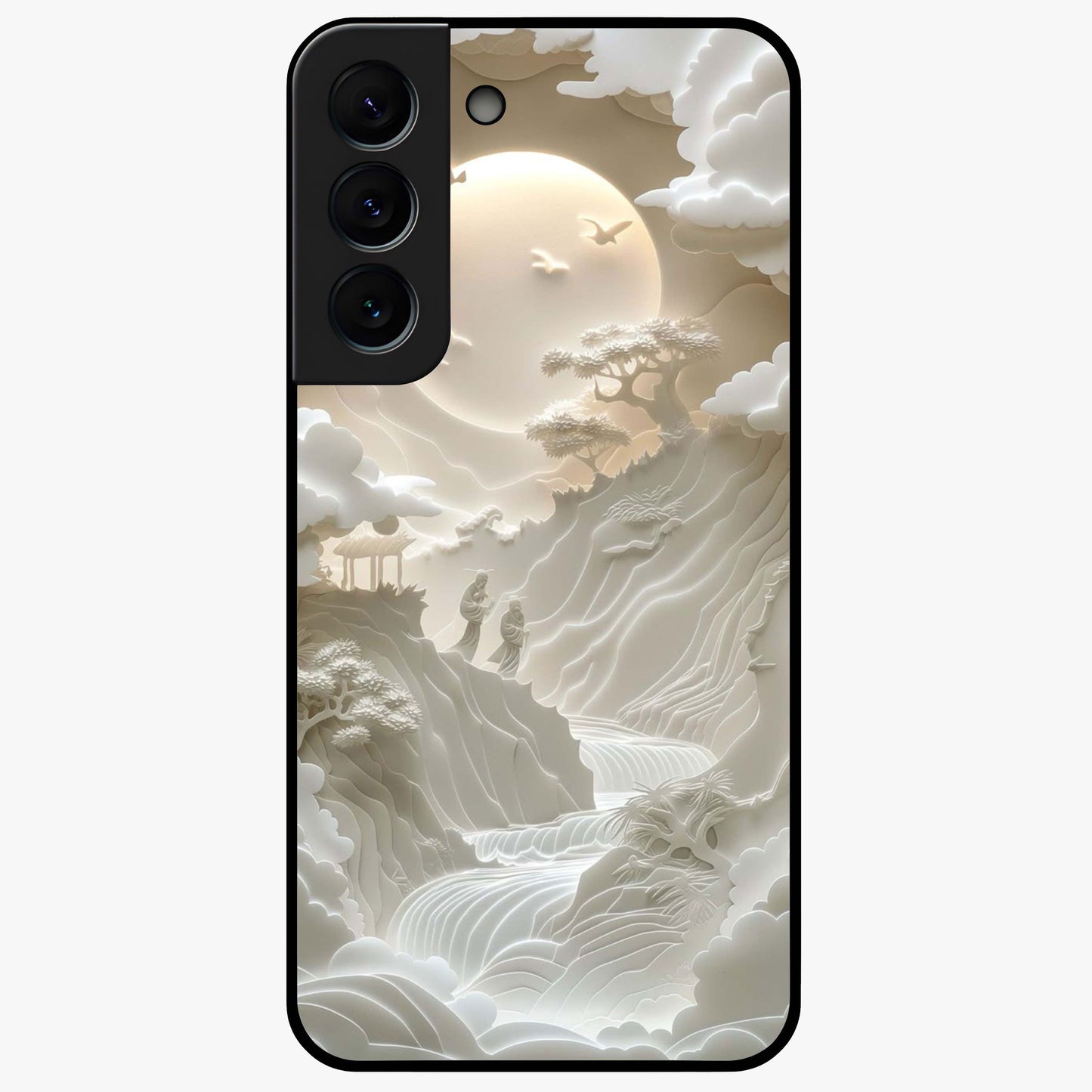 Celestial Origami Glass Case showing flat back view with artistic origami inspired celestial artwork and glossy glass finish.