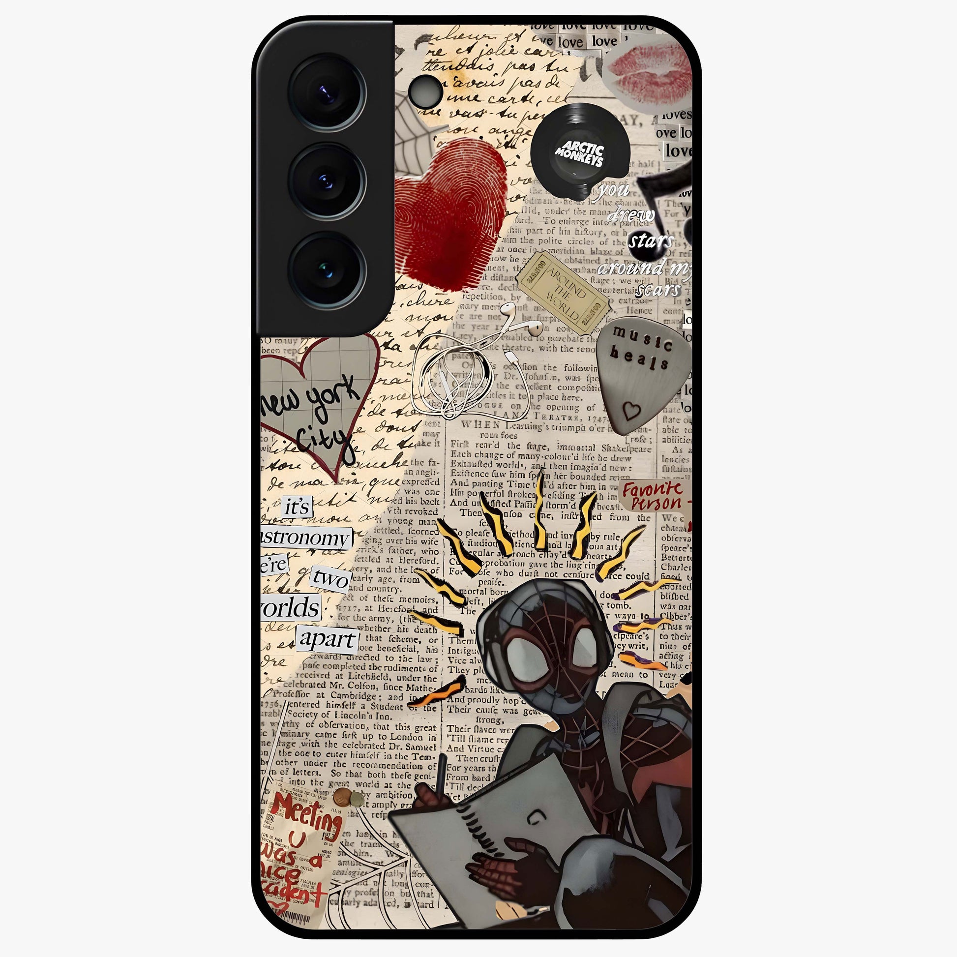 City Dream Sketch Glass Case showing flat back view with artistic city skyline sketch artwork and glossy glass finish.