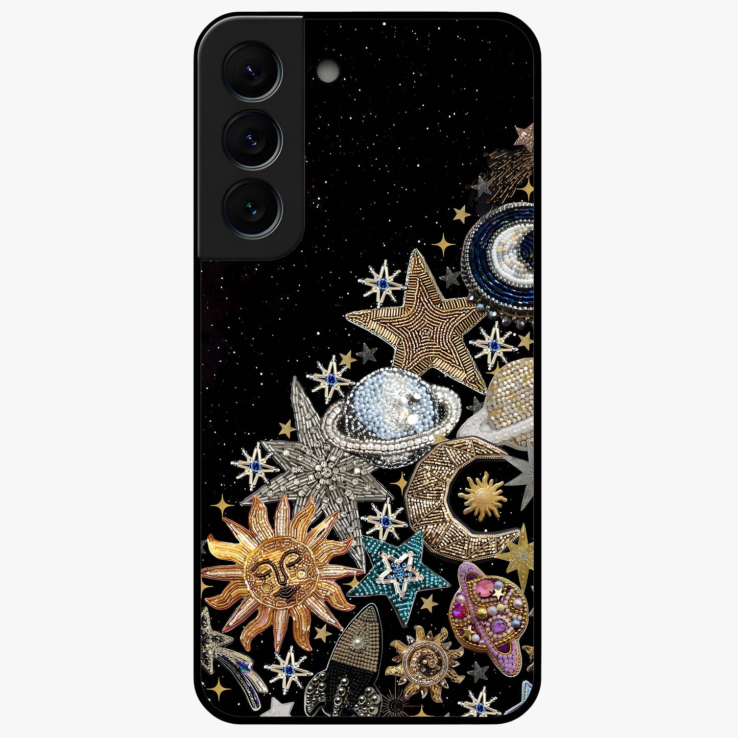 Cosmic Sparkle Dreams Glass Case showing flat back view with sparkling cosmic artwork and glossy glass finish.