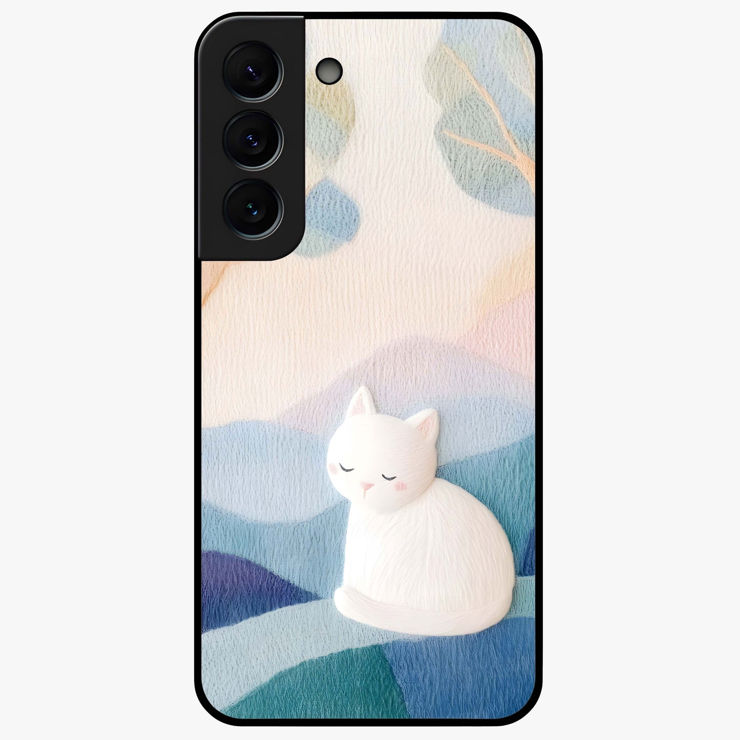 Cotton Dream Cat Glass Case showing flat back view with soft dreamy cat artwork and glossy glass finish.
