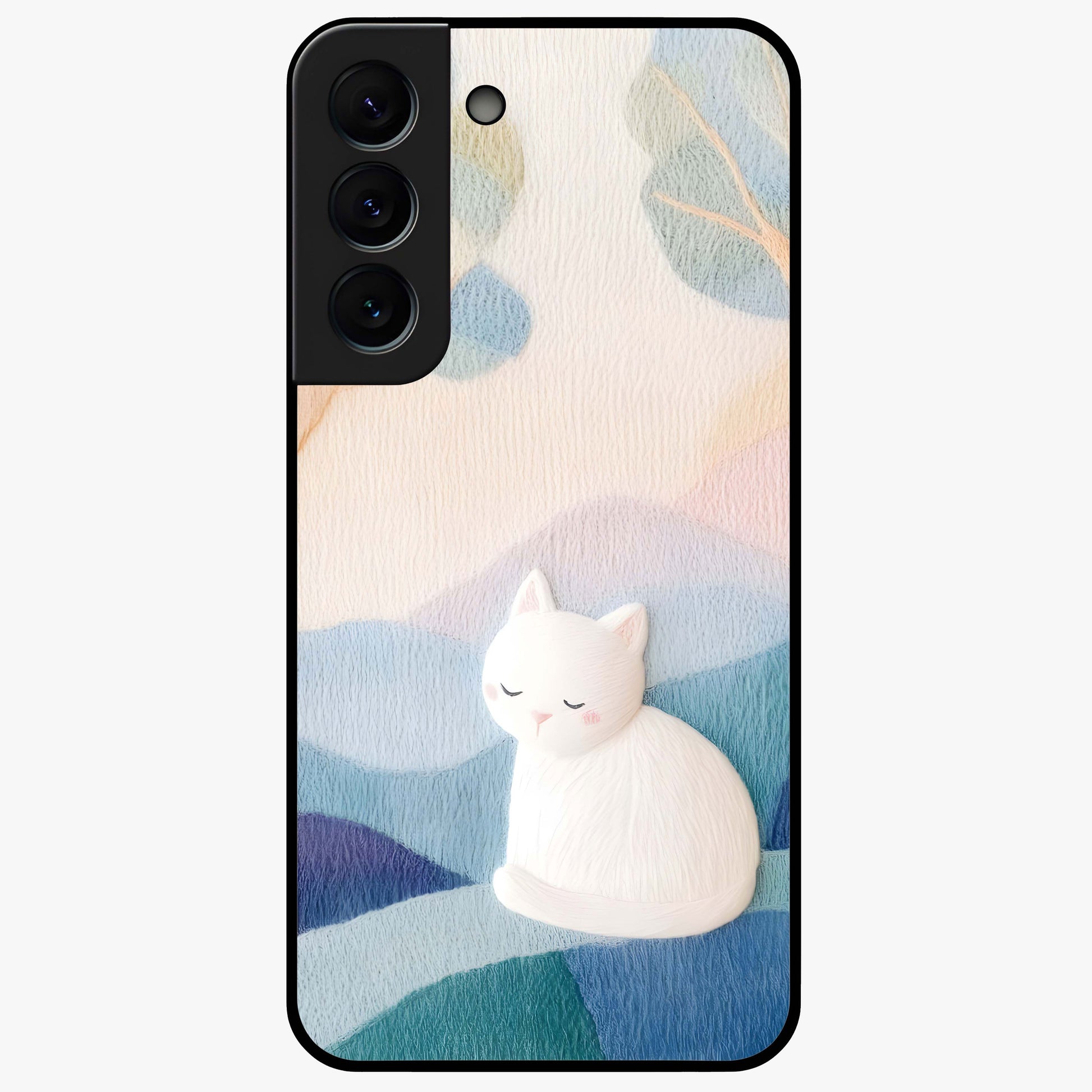 Cotton Dream Cat Glass Case showing flat back view with soft dreamy cat artwork and glossy glass finish.