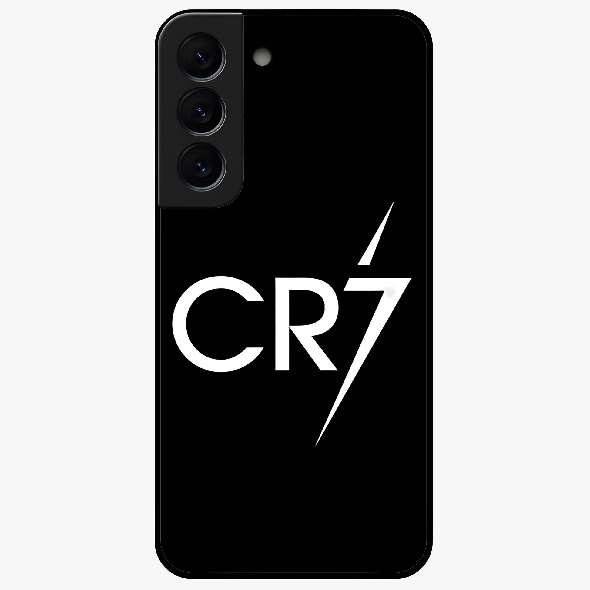 Cr7 Elite Strike Glass Case showing flat back view with dynamic football inspired artwork and glossy glass finish.