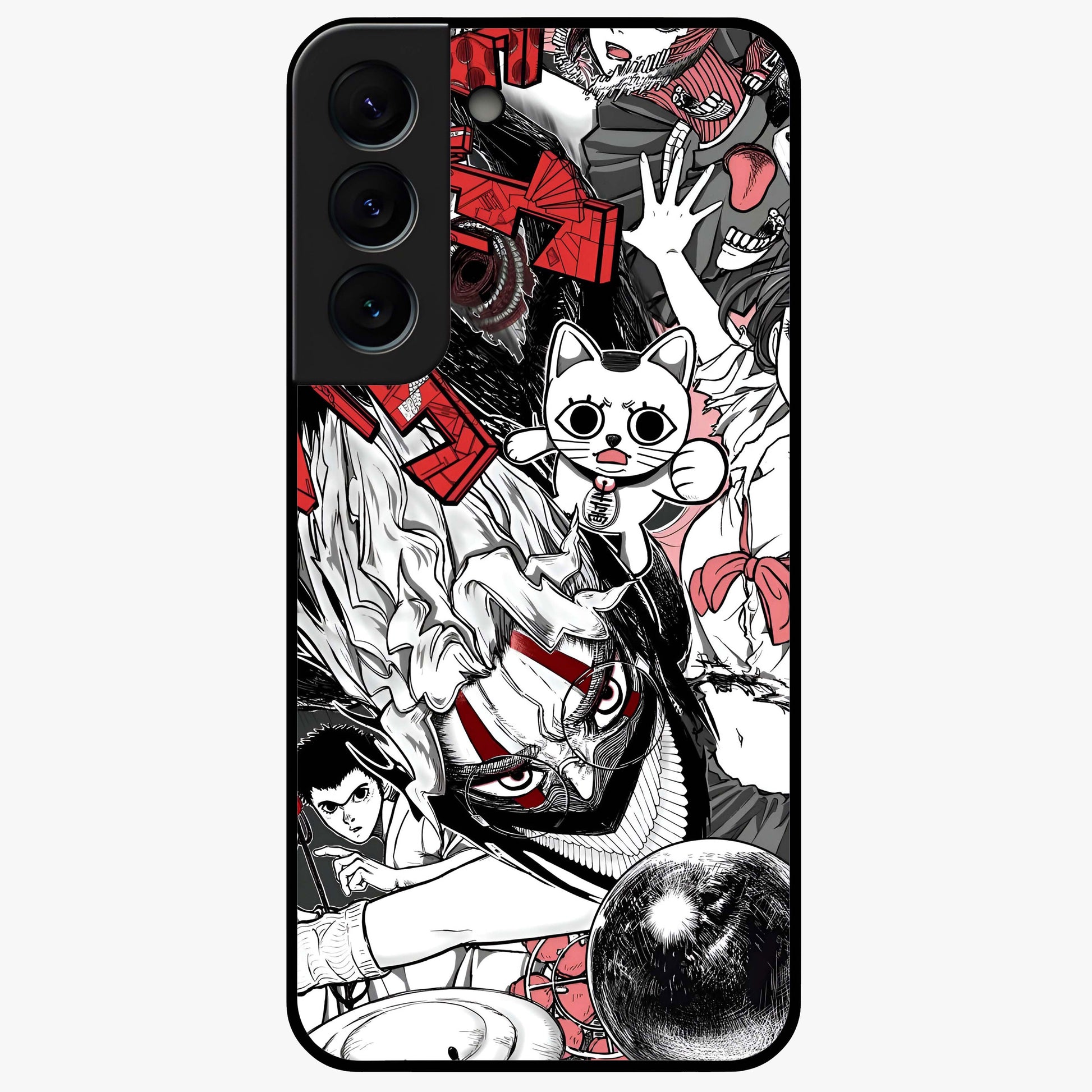 Crimson Chaos Panel Glass Case showing flat back view with bold crimson abstract artwork and glossy glass finish.