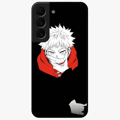 Crimson Chaos Smile Glass Case showing flat back view with bold chaotic smile artwork and glossy glass finish.
