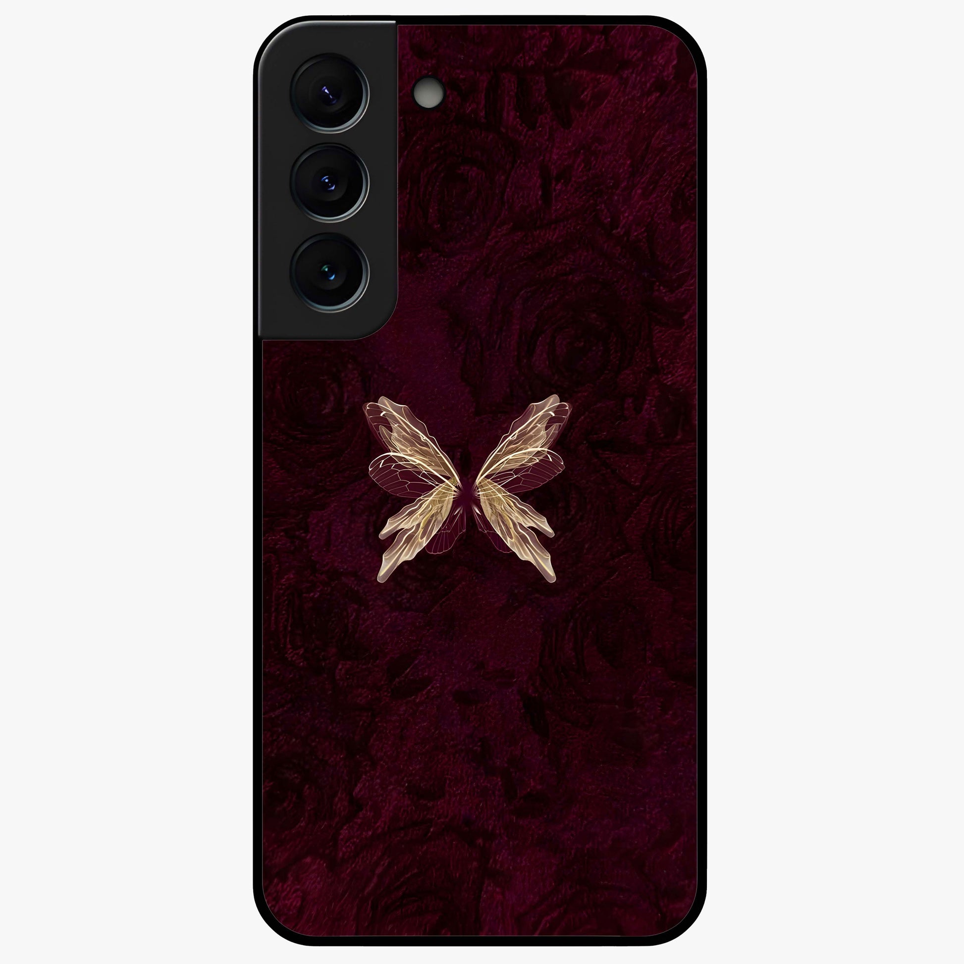 Crimson Fade Butterfly Glass Case showing flat back view with fading butterfly artwork and glossy glass finish.