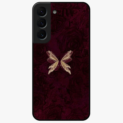 Crimson Fade Butterfly Glass Case showing flat back view with fading butterfly artwork and glossy glass finish.