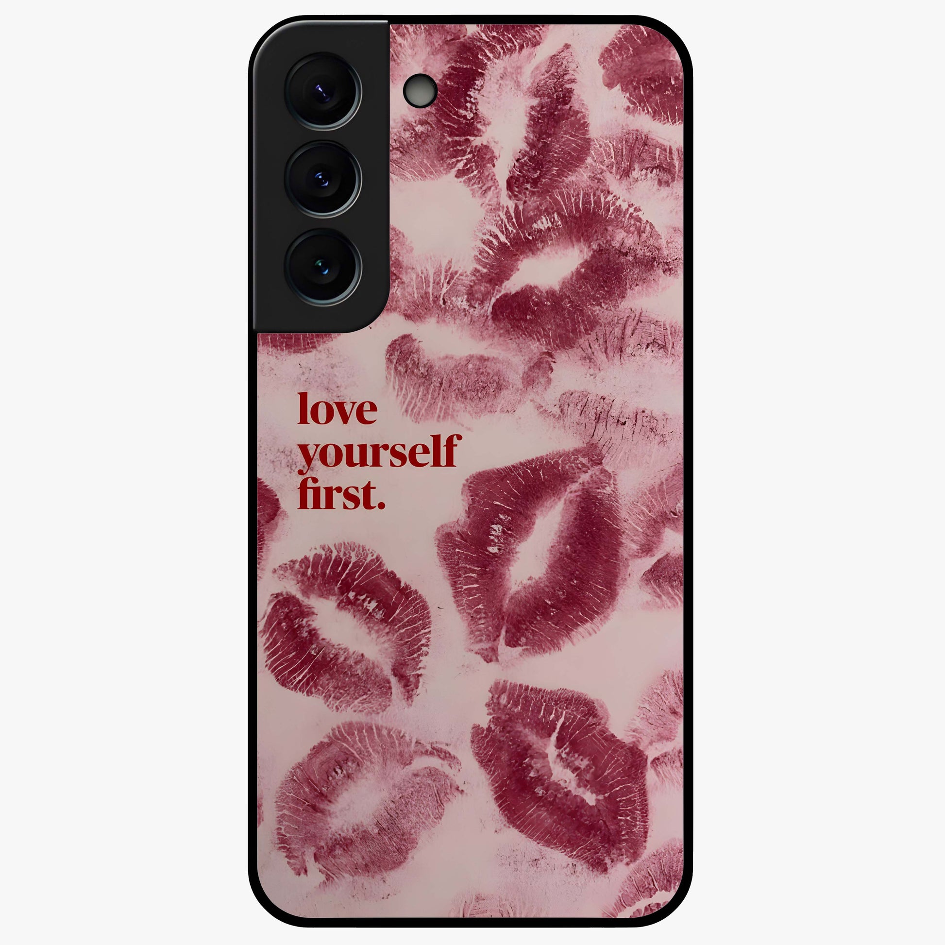 Crimson Kiss Love Glass Case showing flat back view with romantic crimson themed artwork and glossy glass finish.