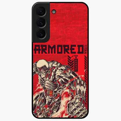 Crimson Mecha Titan Glass Case showing flat back view with powerful mech titan artwork and glossy glass finish.