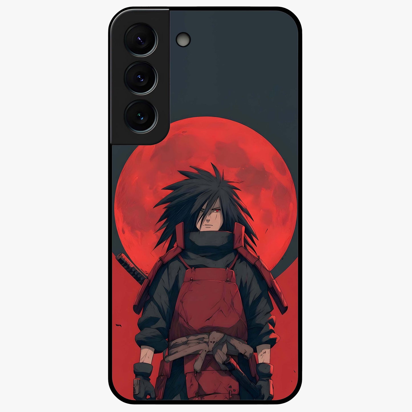 Crimson Moon Warlord Glass Case showing flat back view with mystical moon warrior artwork and glossy glass finish.