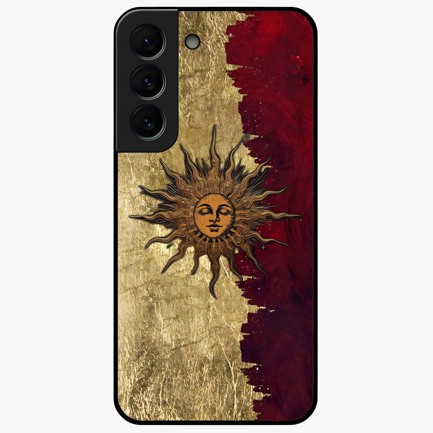 Crimson Sun Majesty Glass Case showing flat back view with radiant sun inspired artwork and glossy glass finish.