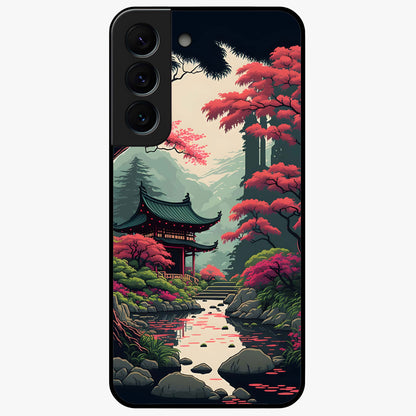 Crimson Temple View Glass Case showing flat back view with temple inspired artwork and glossy glass finish.
