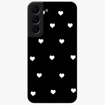 Cute And Simple White Hearts Glass Case showing flat back view with minimal white heart pattern and glossy glass finish.