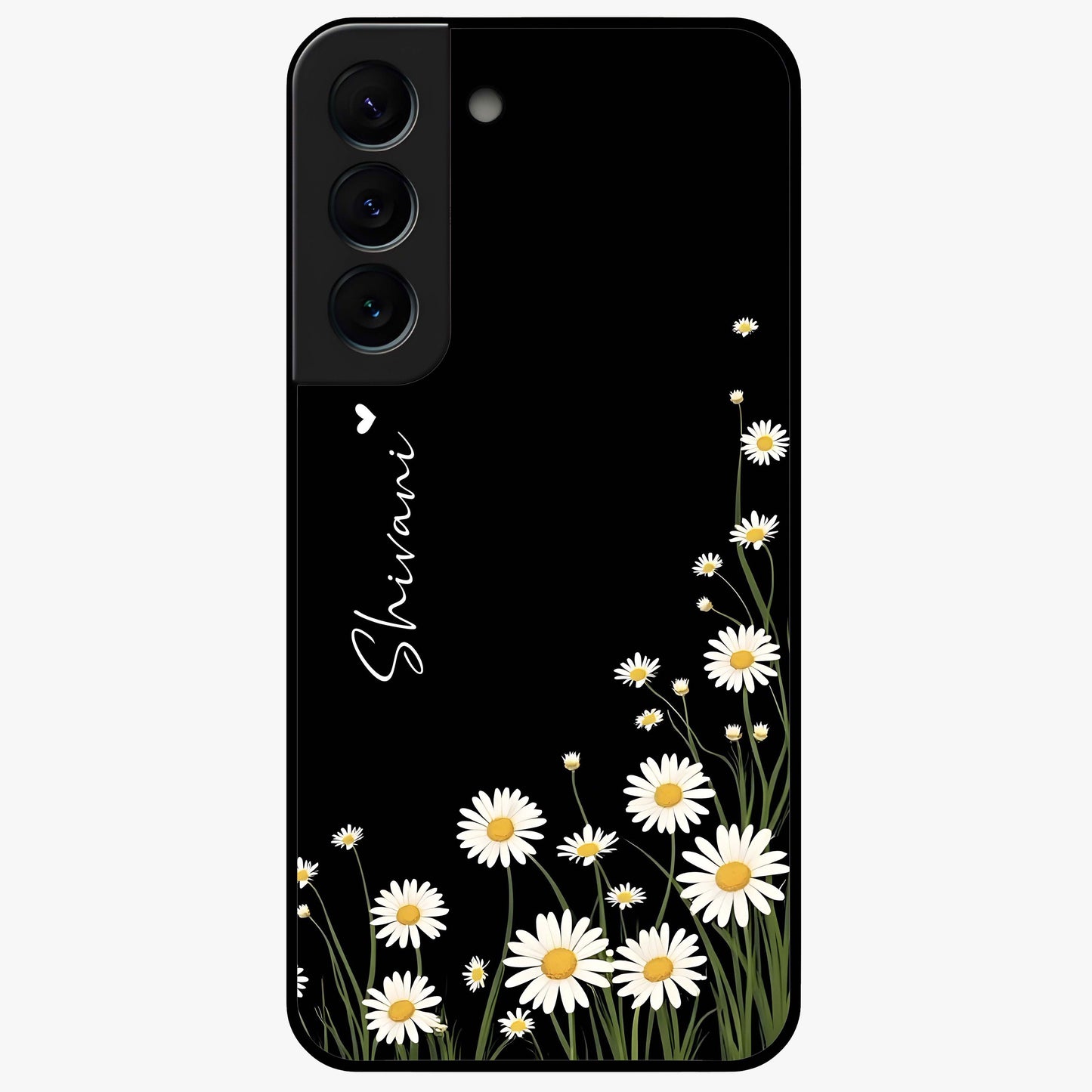 Daisy Cascade Custom Name Glass Case showing flat back view with cascading daisy flowers and personalized name design.