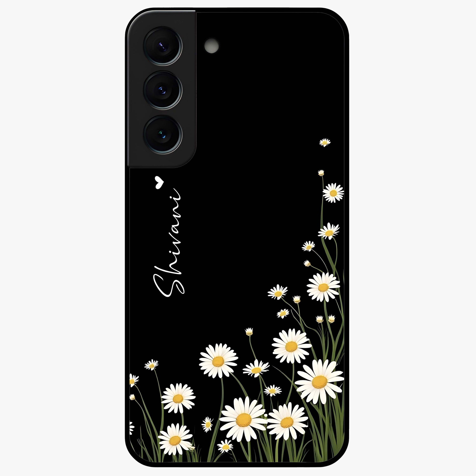 Daisy Cascade Custom Name Glass Case showing flat back view with cascading daisy flowers and personalized name design.