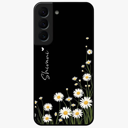 Daisy Cascade Custom Name Glass Case showing flat back view with cascading daisy flowers and personalized name design.