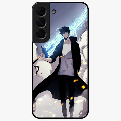 Dark Lightning Anime Warrior Glass Case showing flat back view with intense anime warrior artwork and glossy glass finish.