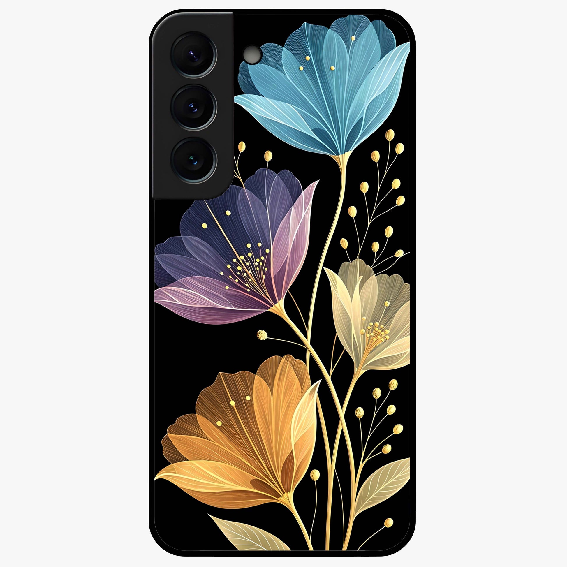 Delicate Multicolor Flowers Glass Case showing flat back view with vibrant floral artwork and glossy glass finish.