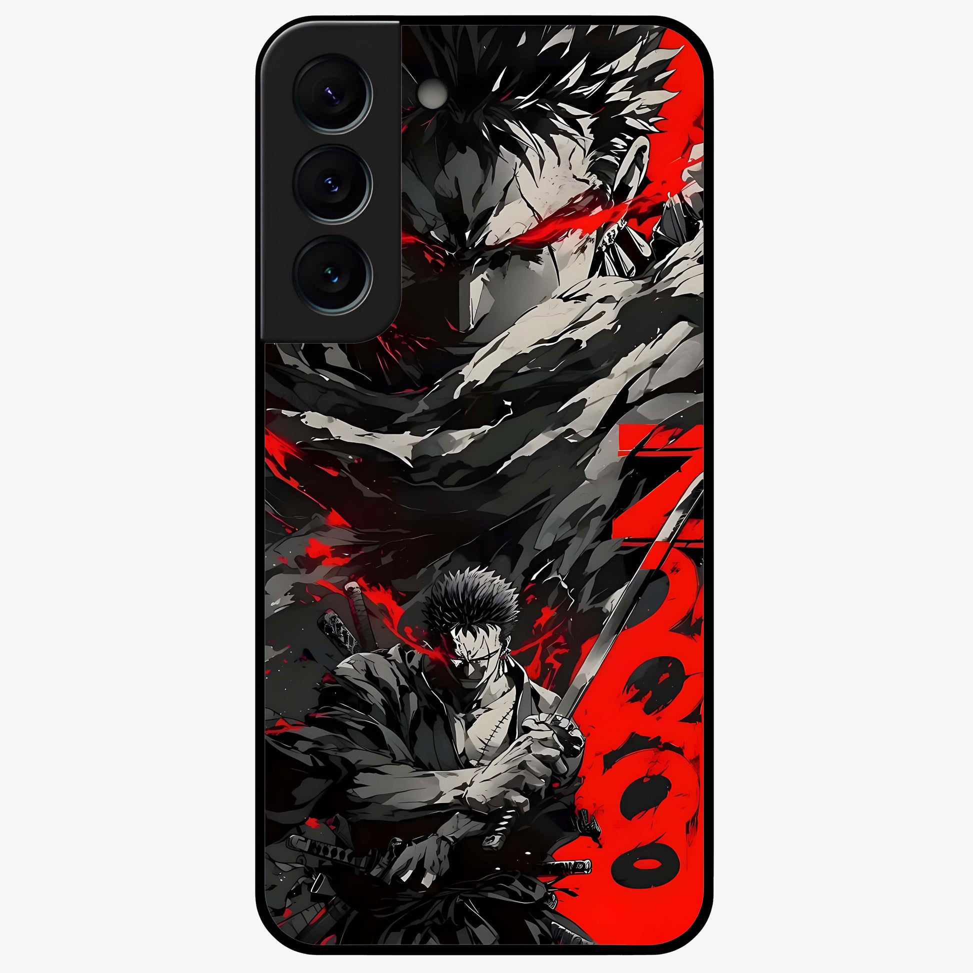 Demon Sword Resolve Glass Case showing flat back view with fierce sword warrior artwork and glossy glass finish.