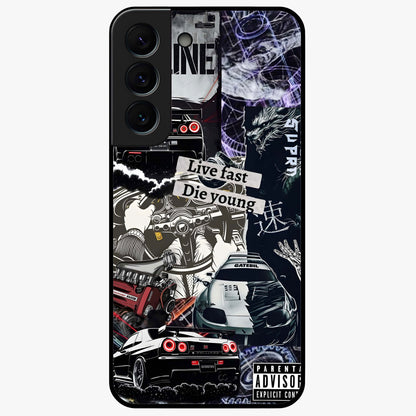 Die Young Glass Case showing flat back view with bold artistic typography design and glossy glass finish.