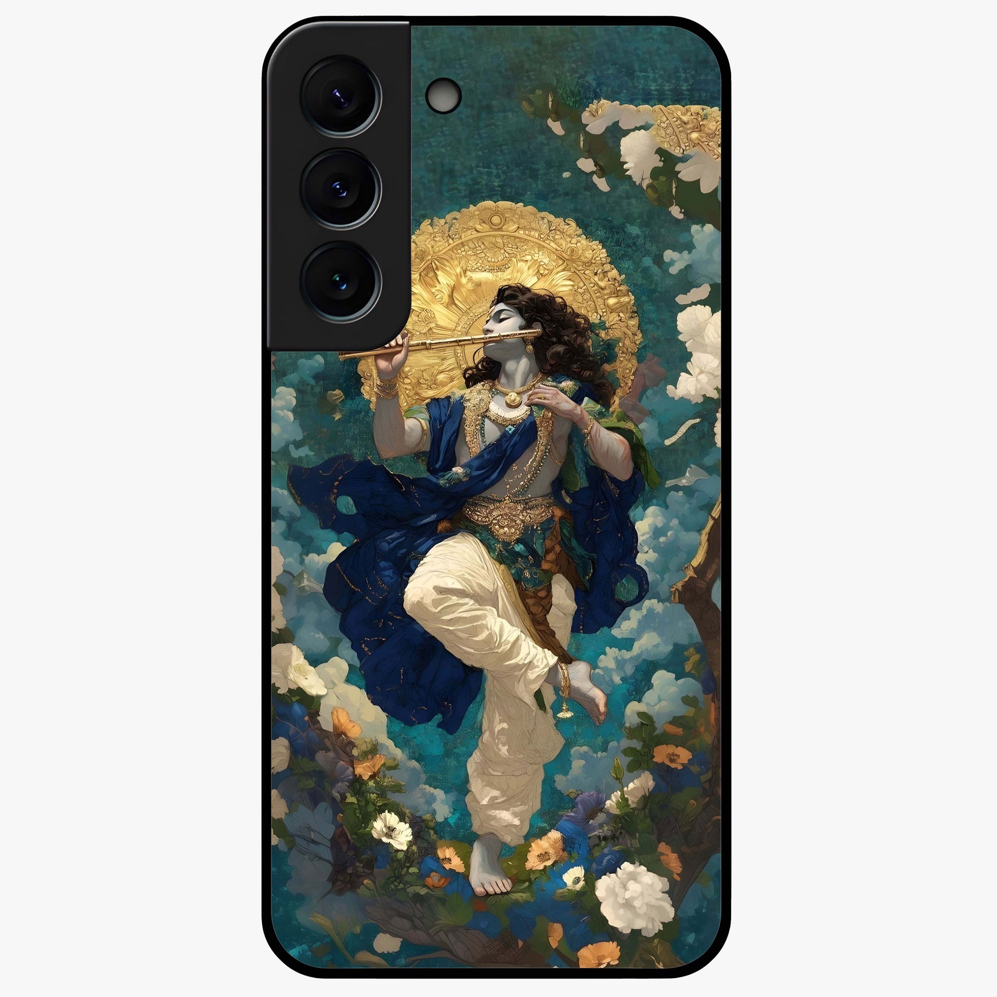 Divine Krishna Art Glass Case showing flat back view with Lord Krishna artwork and glossy glass finish.