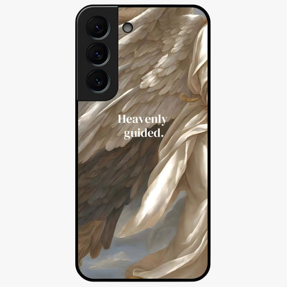 Divine Winged Grace Glass Case showing flat back view with elegant wing inspired artwork and glossy glass finish.
