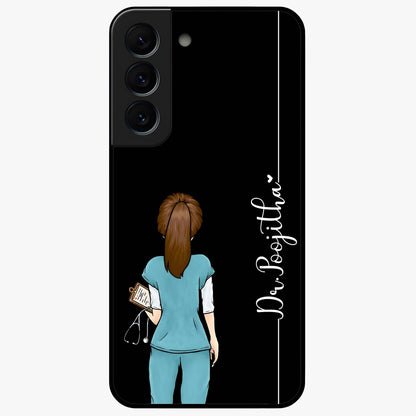 Doctor Pattern Custom Name Glass Case showing flat back view with medical themed pattern and personalized name design.