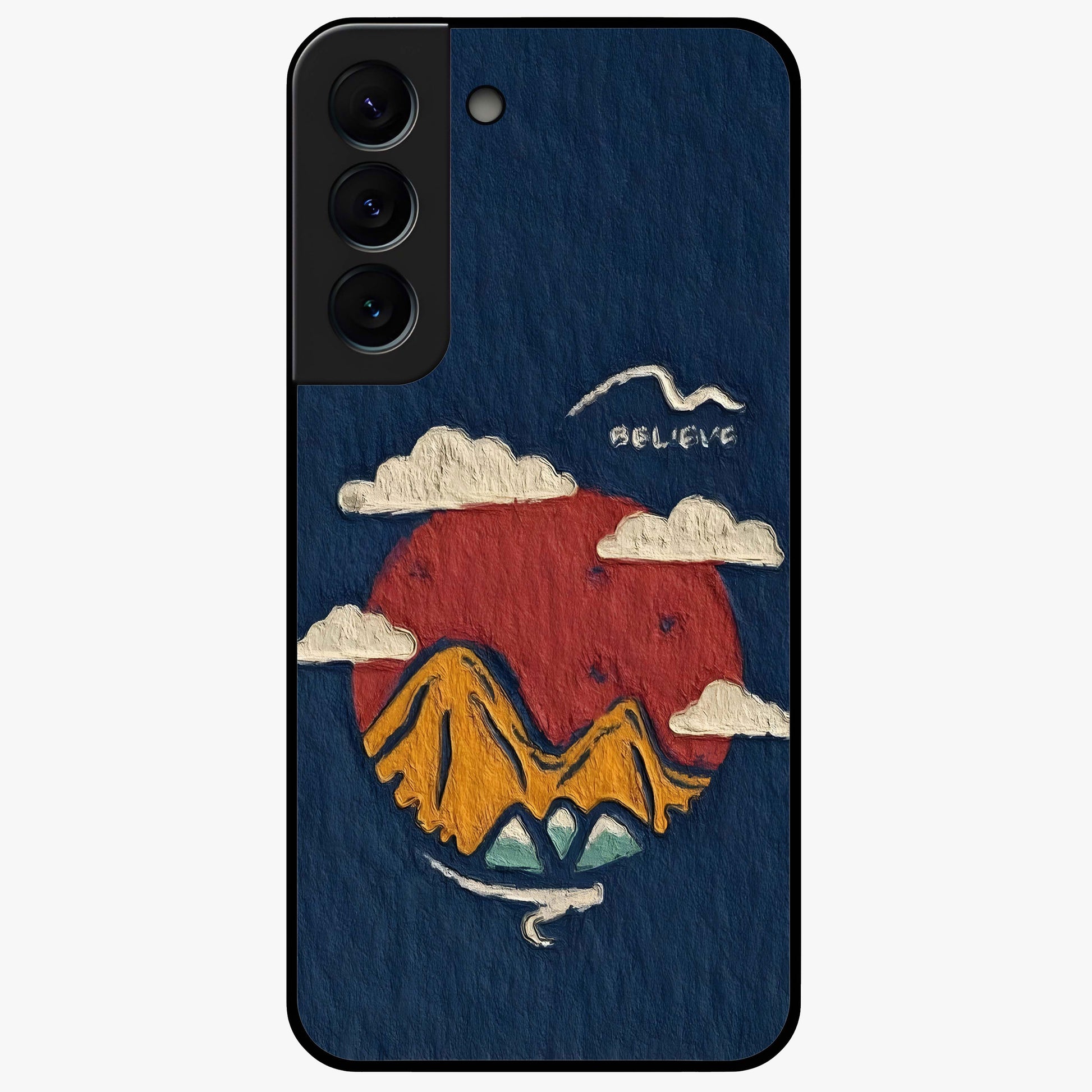 Dream Beyond Mountains Glass Case showing flat back view with scenic mountain landscape artwork and glossy glass finish.
