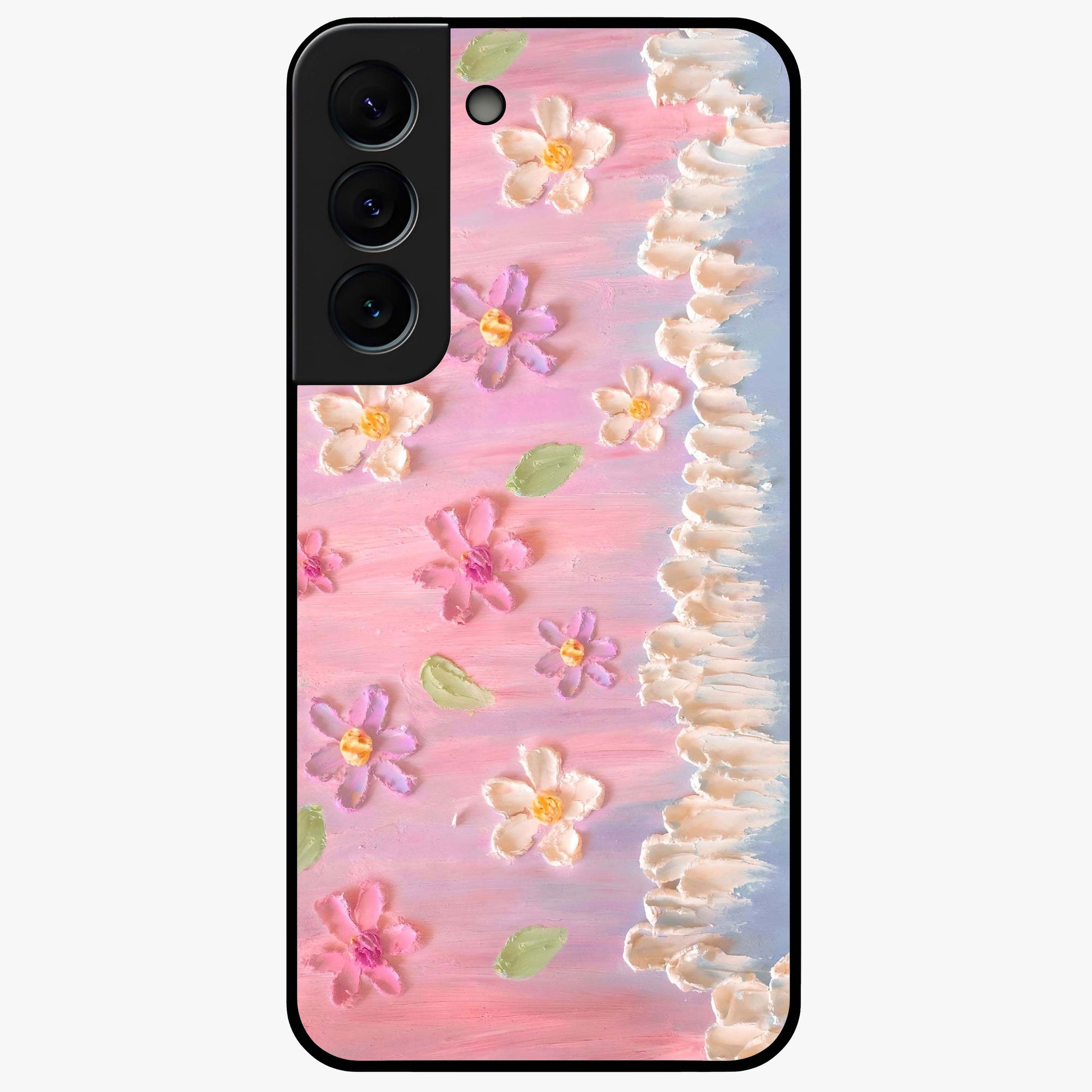Dreamy Painted Garden Glass Case showing flat back view with artistic painted floral garden artwork and glossy glass finish.