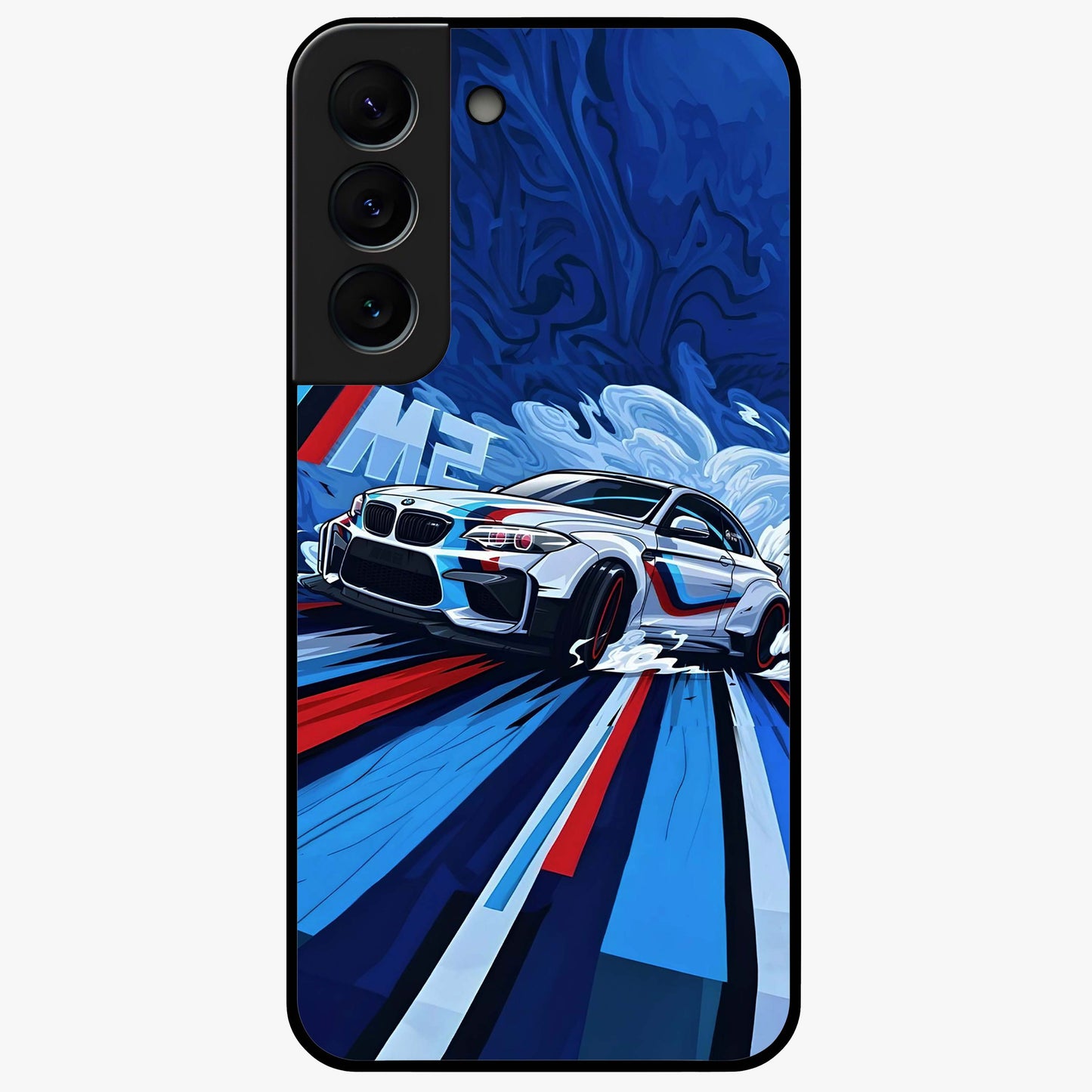 Drift Power Rush Glass Case showing flat back view with dynamic racing inspired artwork and glossy glass finish.