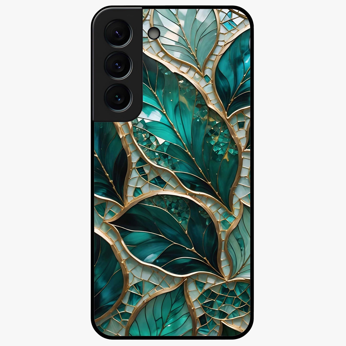 Emerald Leaf Glass Glass Case showing flat back view with emerald green leaf artwork and glossy glass finish.
