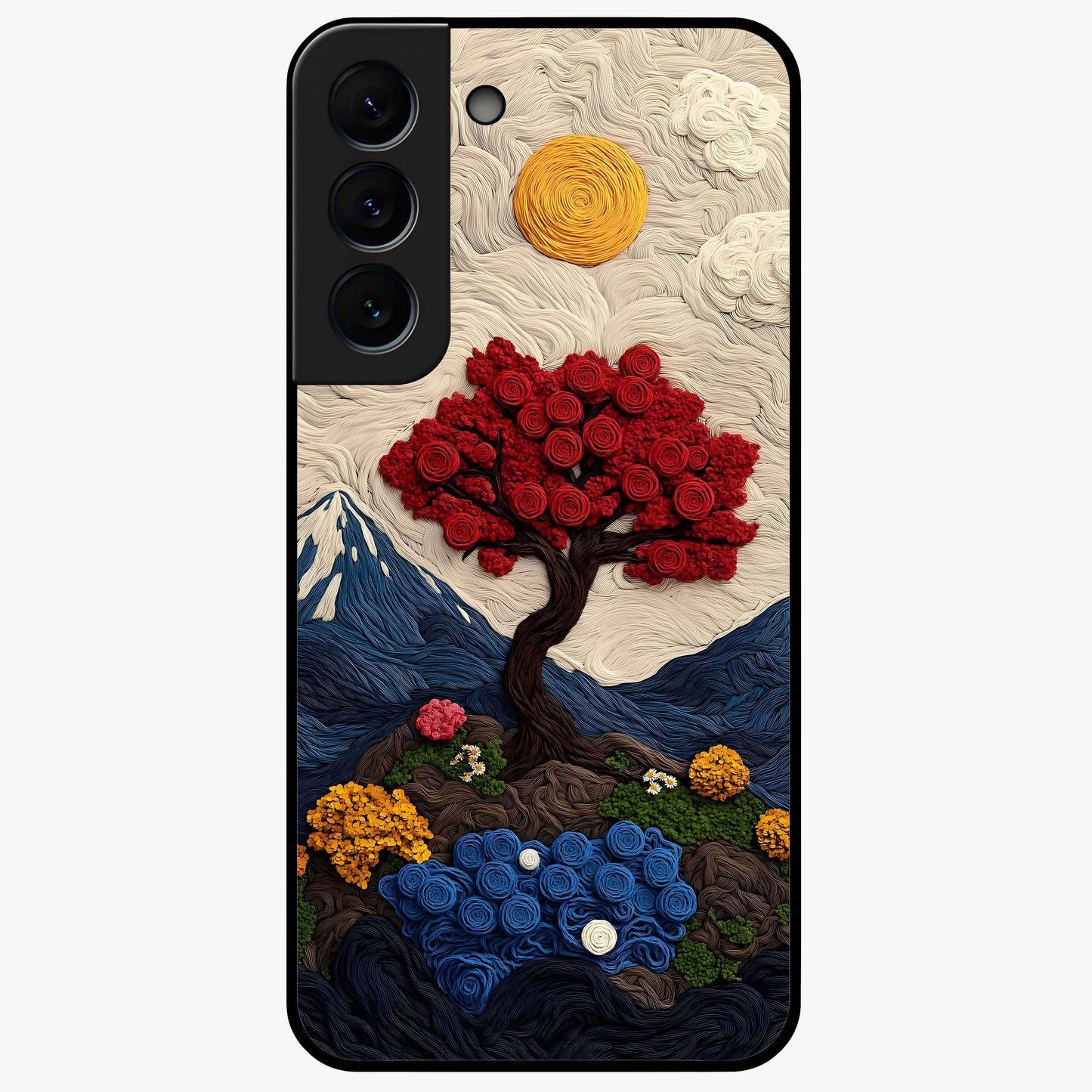 Eternal Nature Tapestry Glass Case showing flat back view with intricate nature tapestry artwork and glossy glass finish.