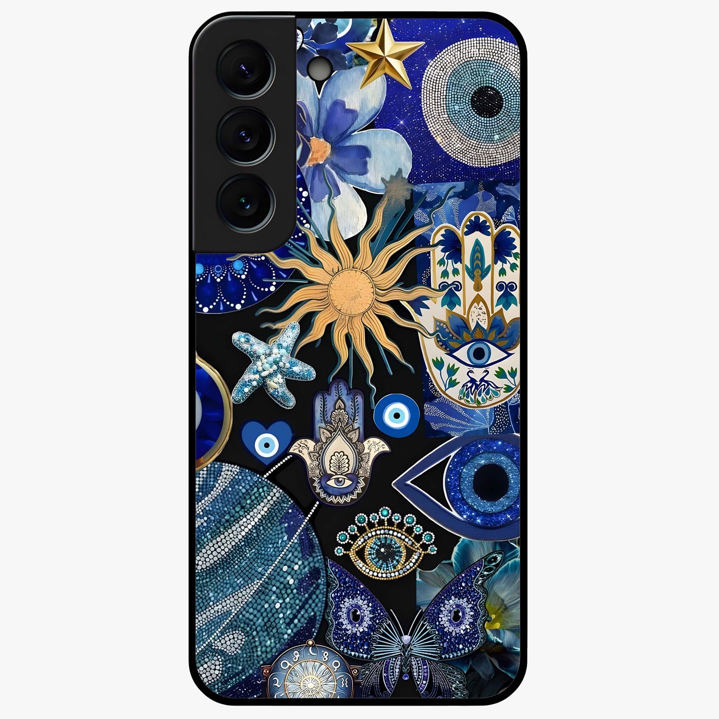 Evil Eye Charm Mix Glass Case showing flat back view with multiple evil eye charms artwork and glossy glass finish.