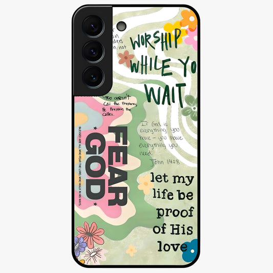 Faith Over Fear Glass Case showing flat back view with motivational typography artwork and glossy glass finish.