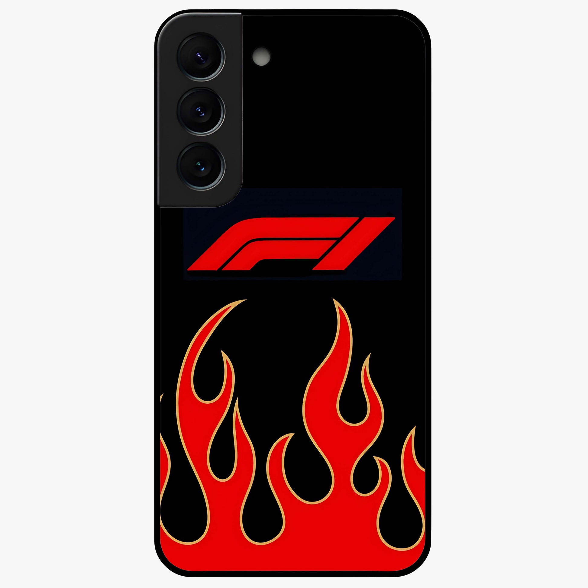 Fire F11 Glass Case showing flat back view with fiery themed artwork and glossy glass finish.