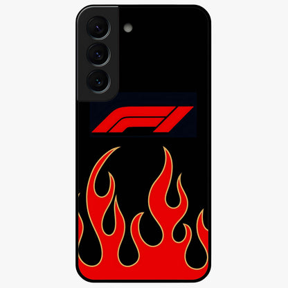 Fire F11 Glass Case showing flat back view with fiery themed artwork and glossy glass finish.