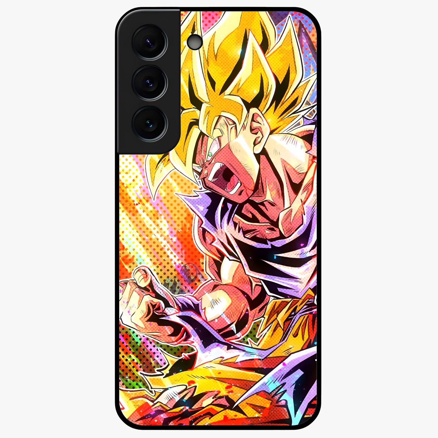 Firing Goku Glass Case showing flat back view with powerful anime inspired artwork and glossy glass finish.