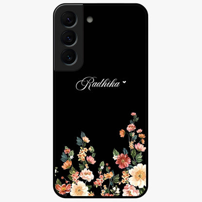 Floral Design With a Custom Personalized Name Glass Case showing flat back view with floral artwork and personalized name design.