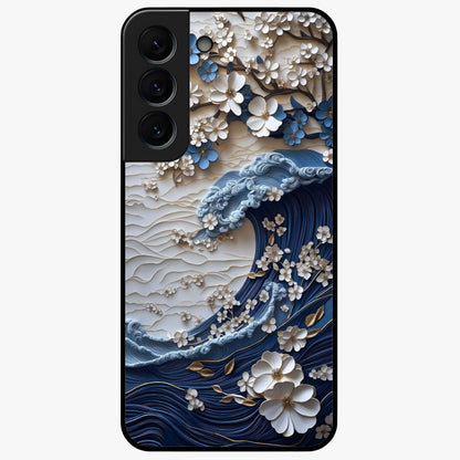 Floral Wave Origami Glass Case showing flat back view with origami inspired floral wave artwork and glossy glass finish.