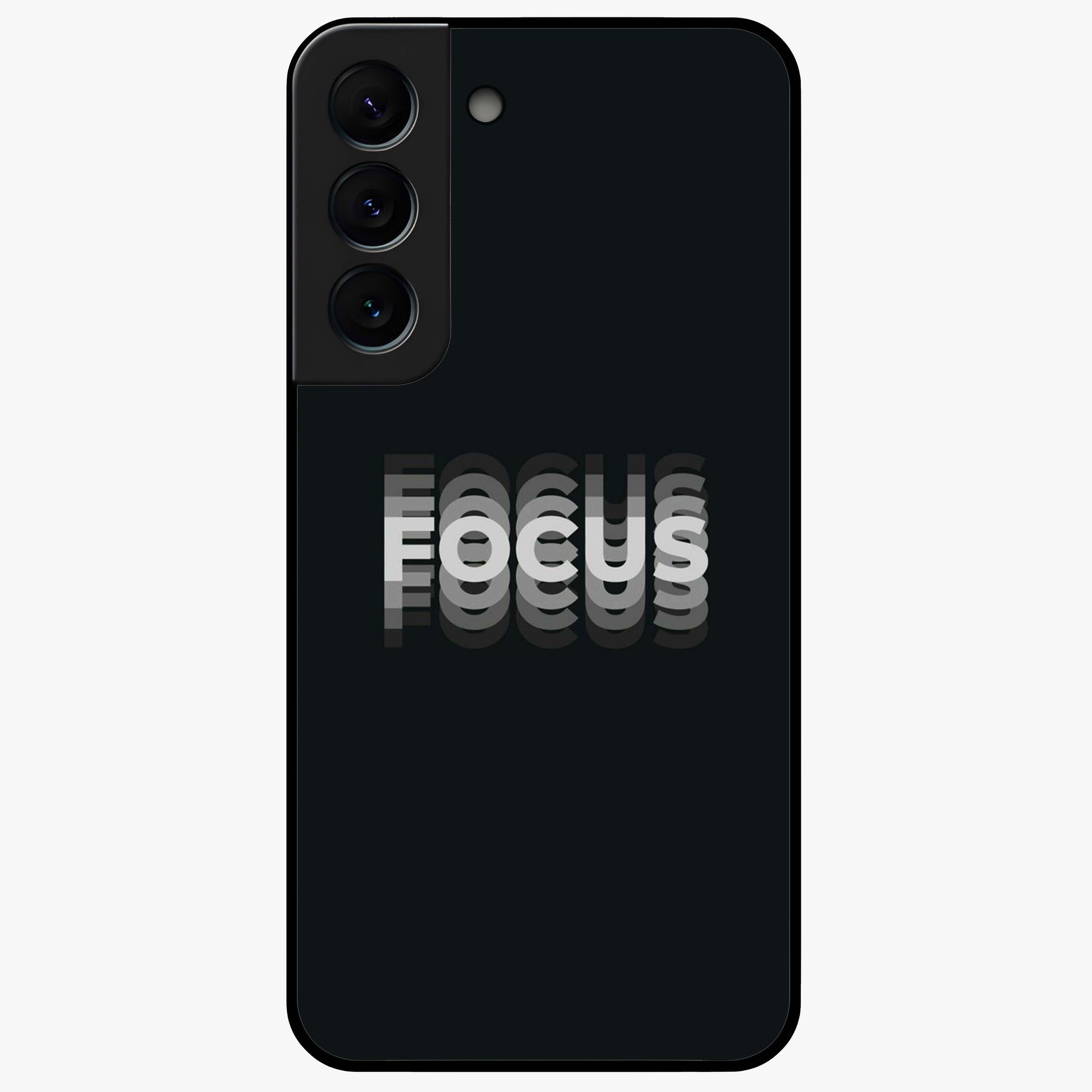 Focus Mode On Glass Case showing flat back view with bold motivational typography design and glossy glass finish.