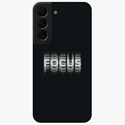 Focus Mode On Glass Case showing flat back view with bold motivational typography design and glossy glass finish.