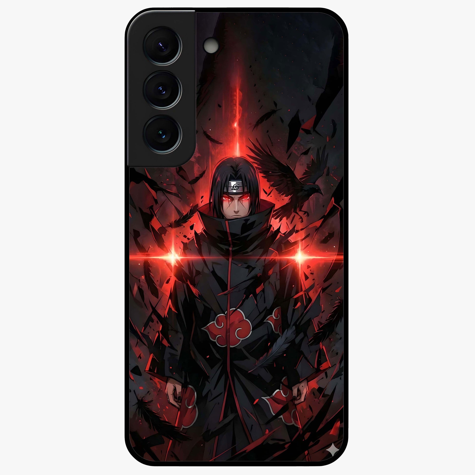 Focused Blade Discipline Glass Case showing flat back view with warrior sword themed artwork and glossy glass finish.